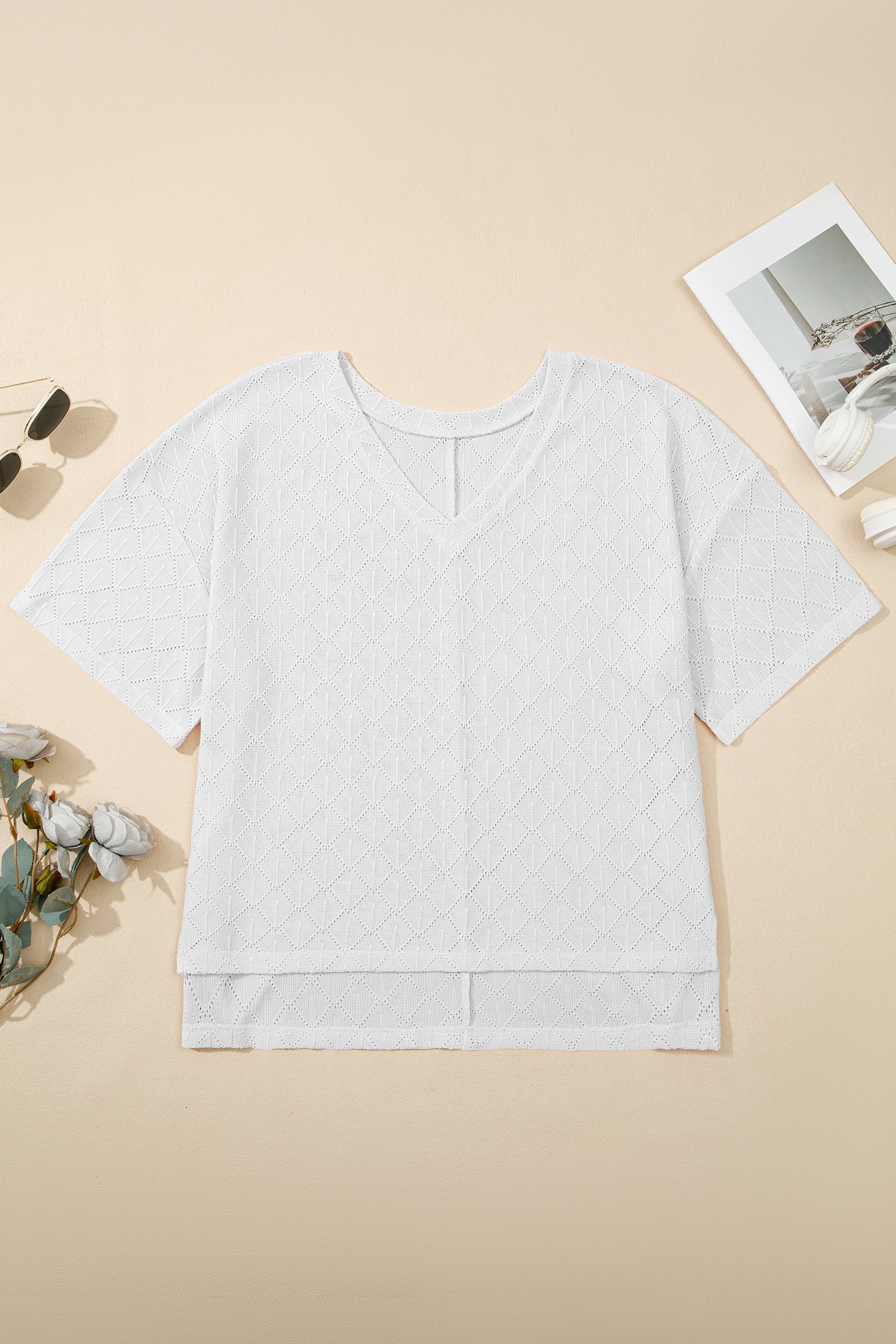 Light Pink Pointelle Rhombus Knit Plus Size V Neck Loose Top