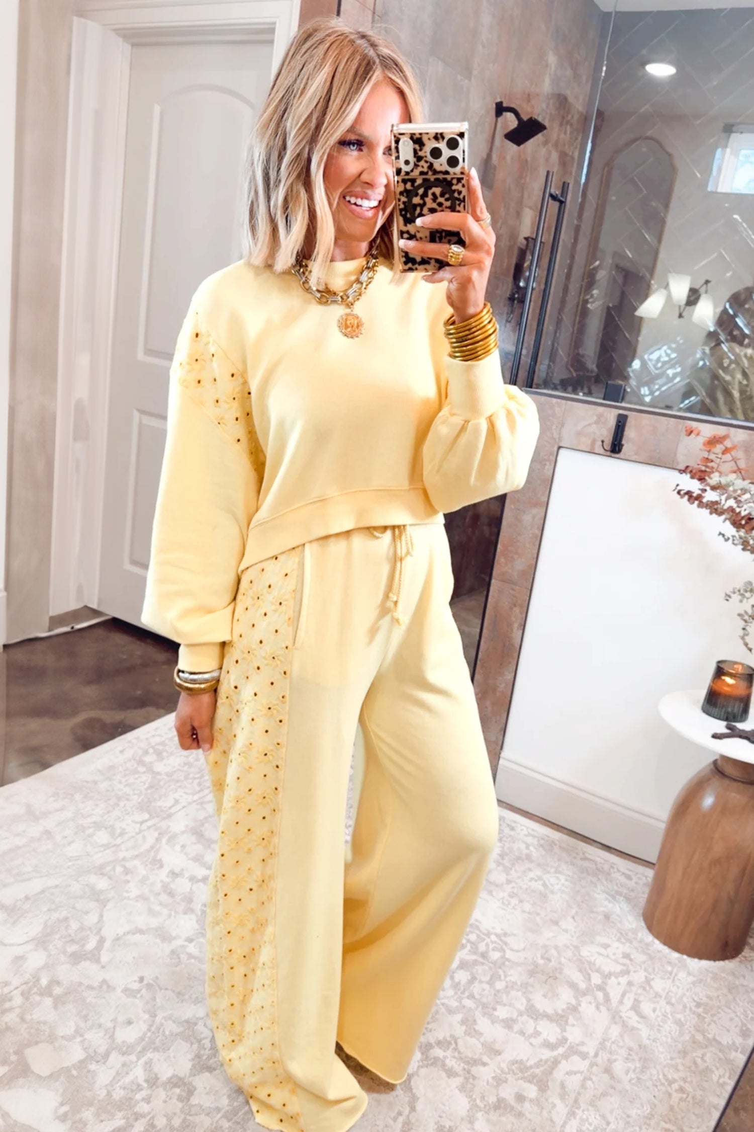 Yellow Cream Long Sleeve Solid Two Piece Set Elastic Waist Pocket Insert Casual Loungewear