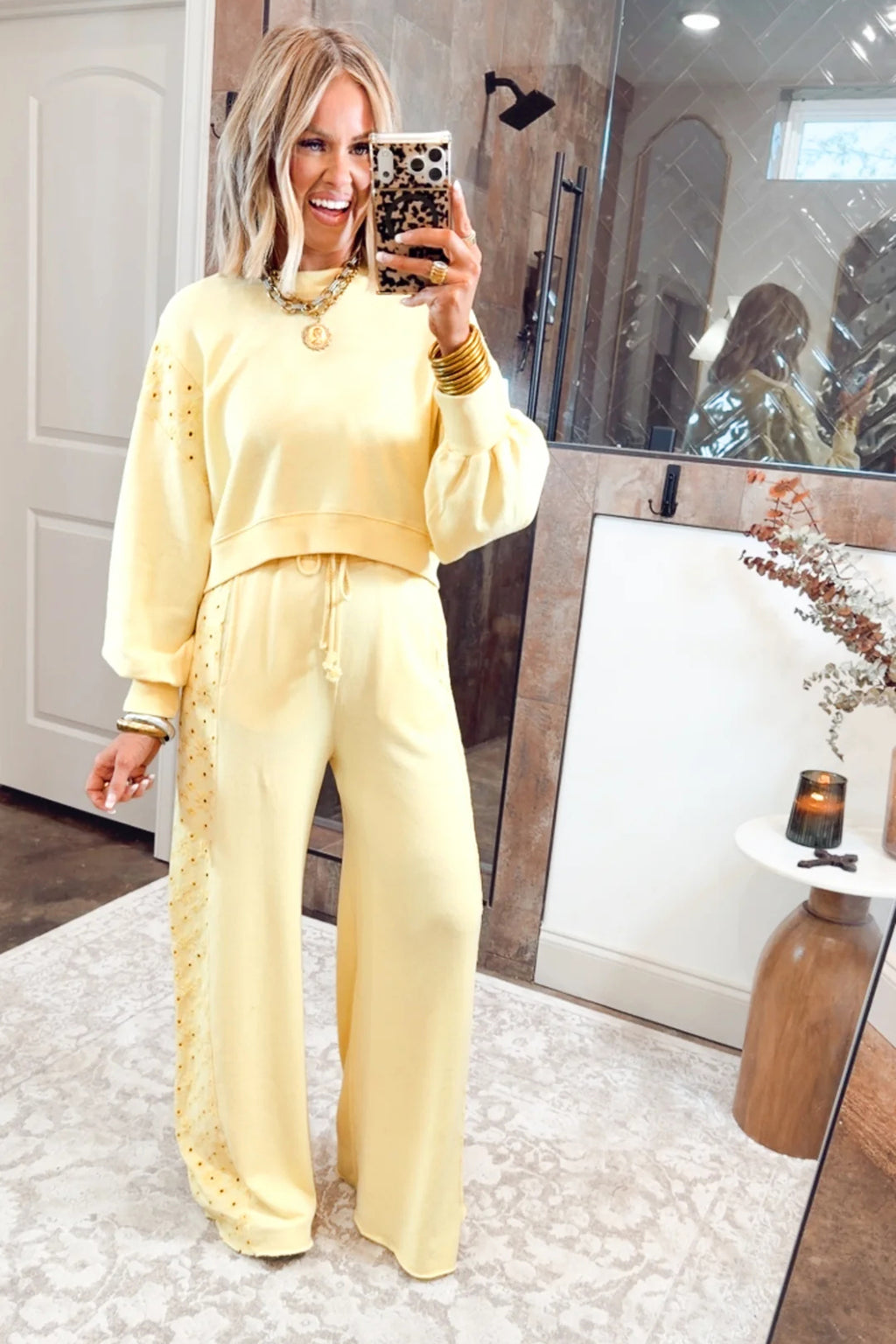 Yellow Cream Long Sleeve Solid Two Piece Set Elastic Waist Pocket Insert Casual Loungewear