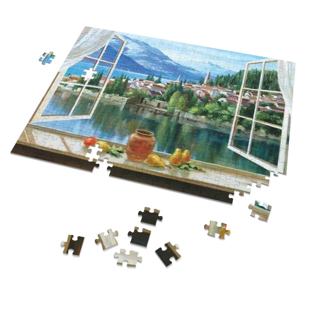 Lakeside Village Window View Puzzle — 252 Pieces with Tin