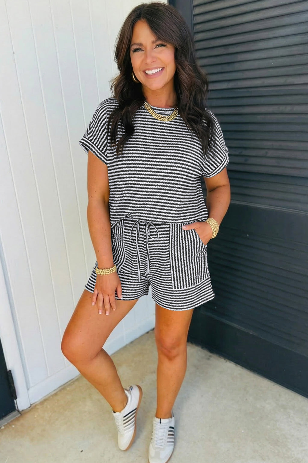 Brown Stripe Breathable Textured Knit Short 2pcs Set