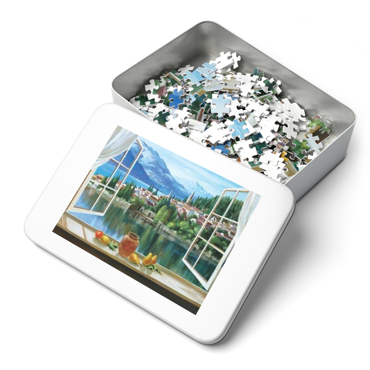 Lakeside Village Window View Puzzle — 252 Pieces with Tin