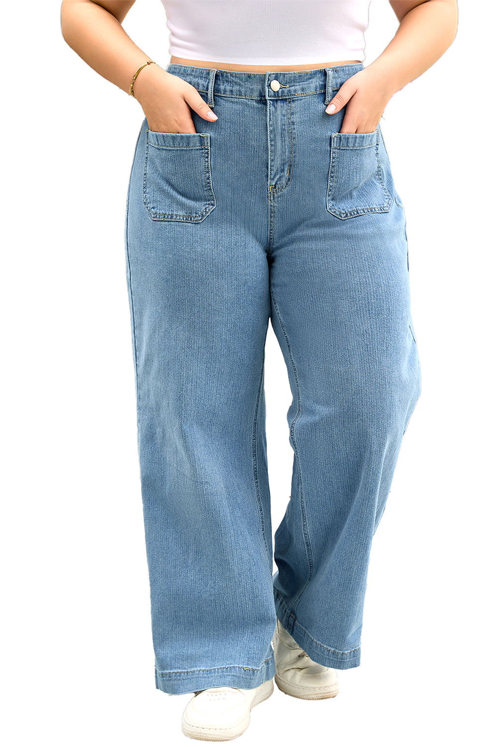 Dusk Blue Patched Pocket Textured Wide Leg Plus Size Jeans
