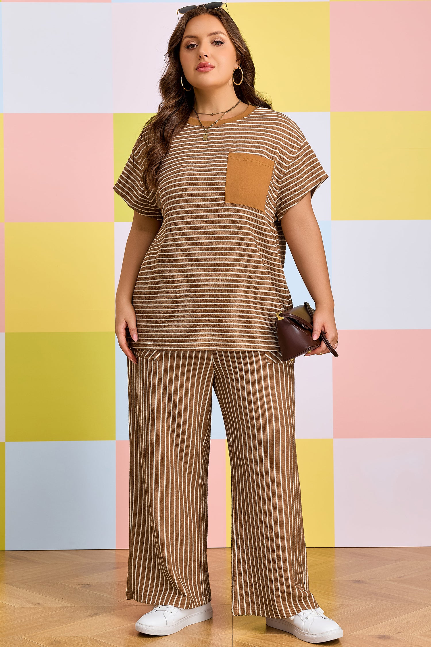 Khaki gestreifter Plus Size Loungewear-Set mit Farbblock und Taschen