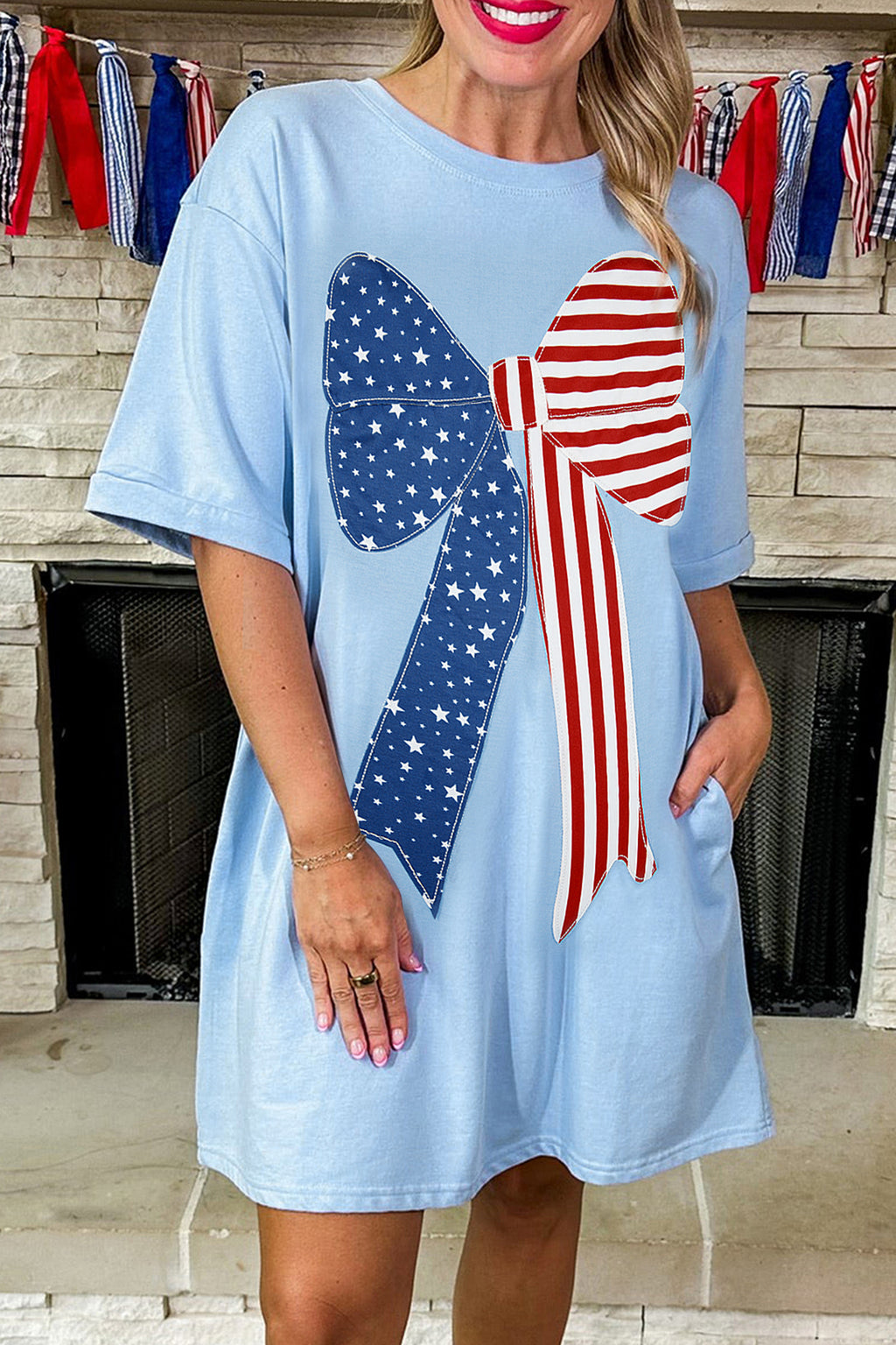 Beau Blue Patriotisches Große Schleife Genähtes T-Shift Minikleid