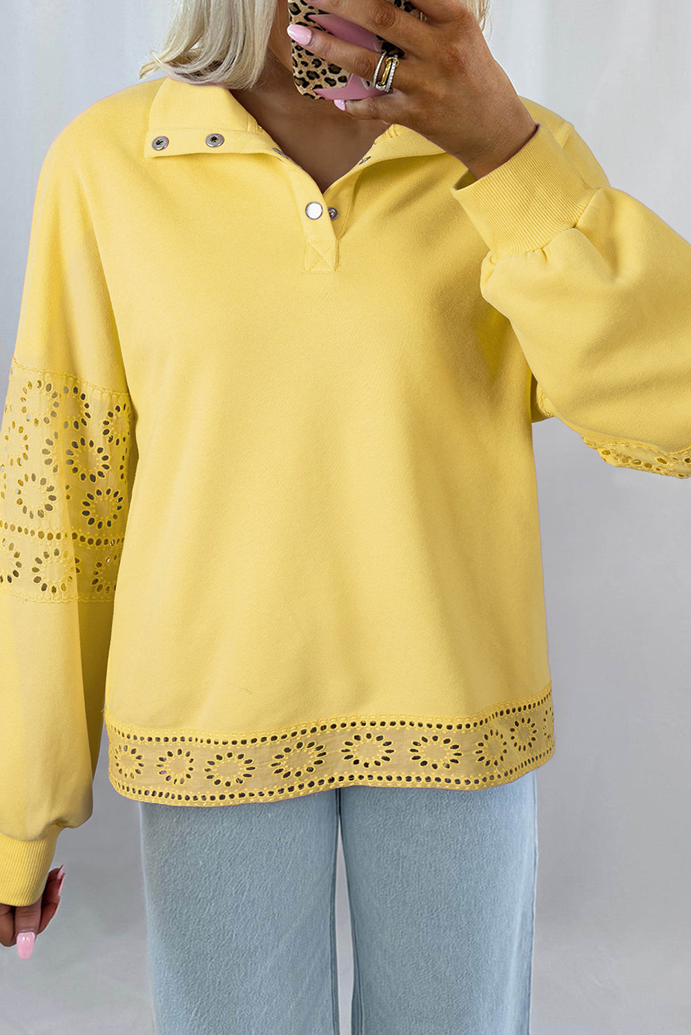 Bonbon Embroidered Flower Patchwork Snap Buttons Pullover Sweatshirt