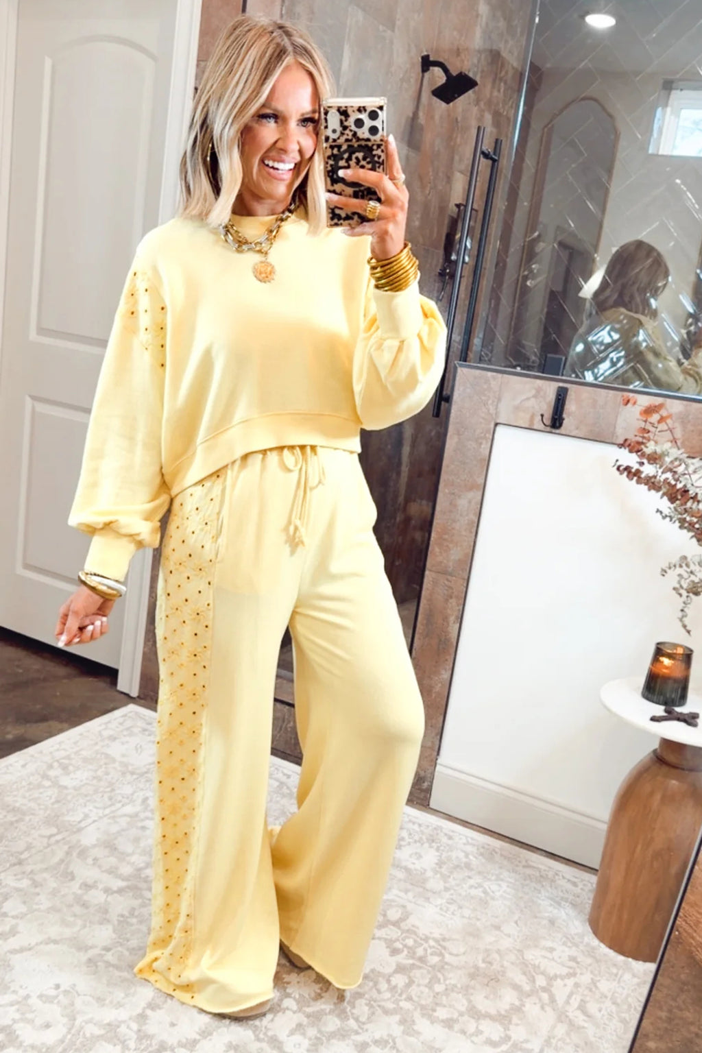Yellow Cream Long Sleeve Solid Two Piece Set Elastic Waist Pocket Insert Casual Loungewear