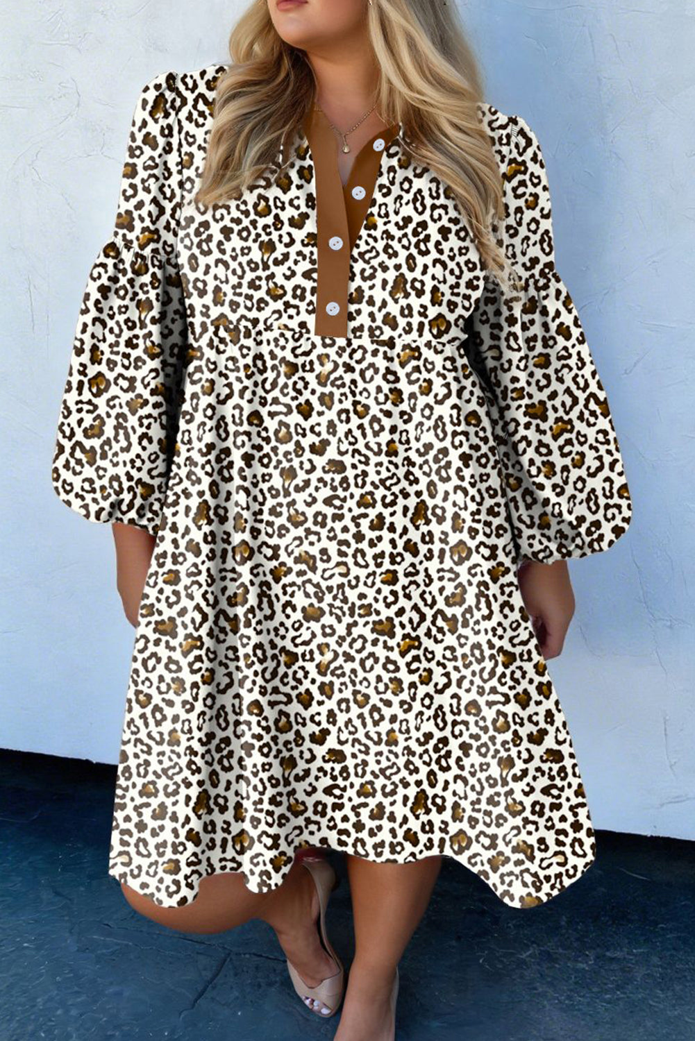 Pink Plus Size Button V Neck Leopard Print Puff Sleeve Loose Mini Dress