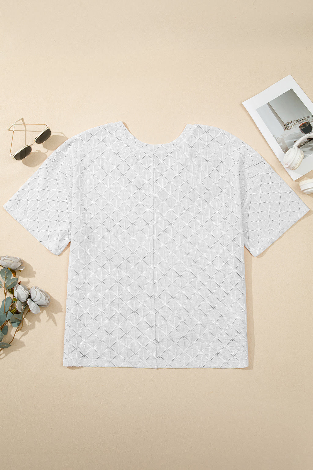 Light Pink Pointelle Rhombus Knit Plus Size V Neck Loose Top