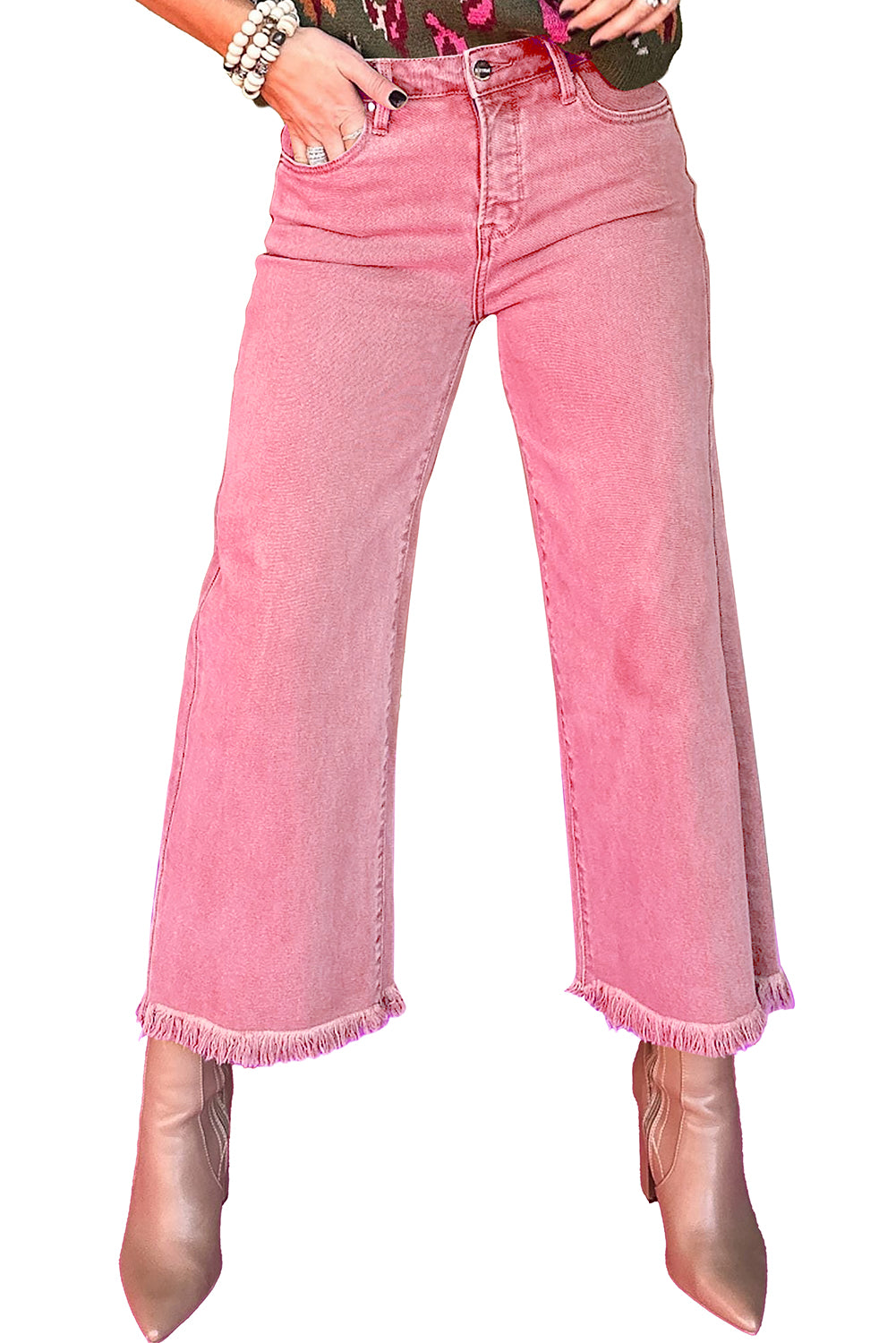Pfirsichfarbene Acid-Washed High-Rise Cropped Jeans