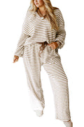 Khaki Stripe Plus Size Loose Pullover Drawstring Elastic Waist Wide Leg Pants Set
