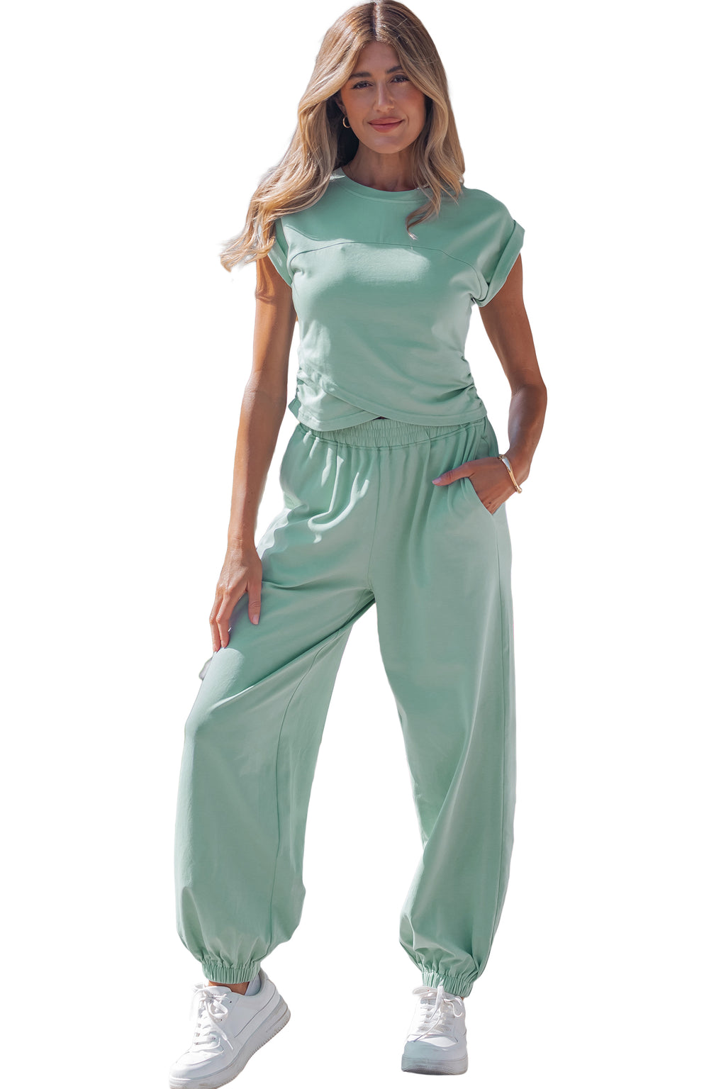 Racing Red Solid Color Cropped Tank Top and Jogger Pants Set