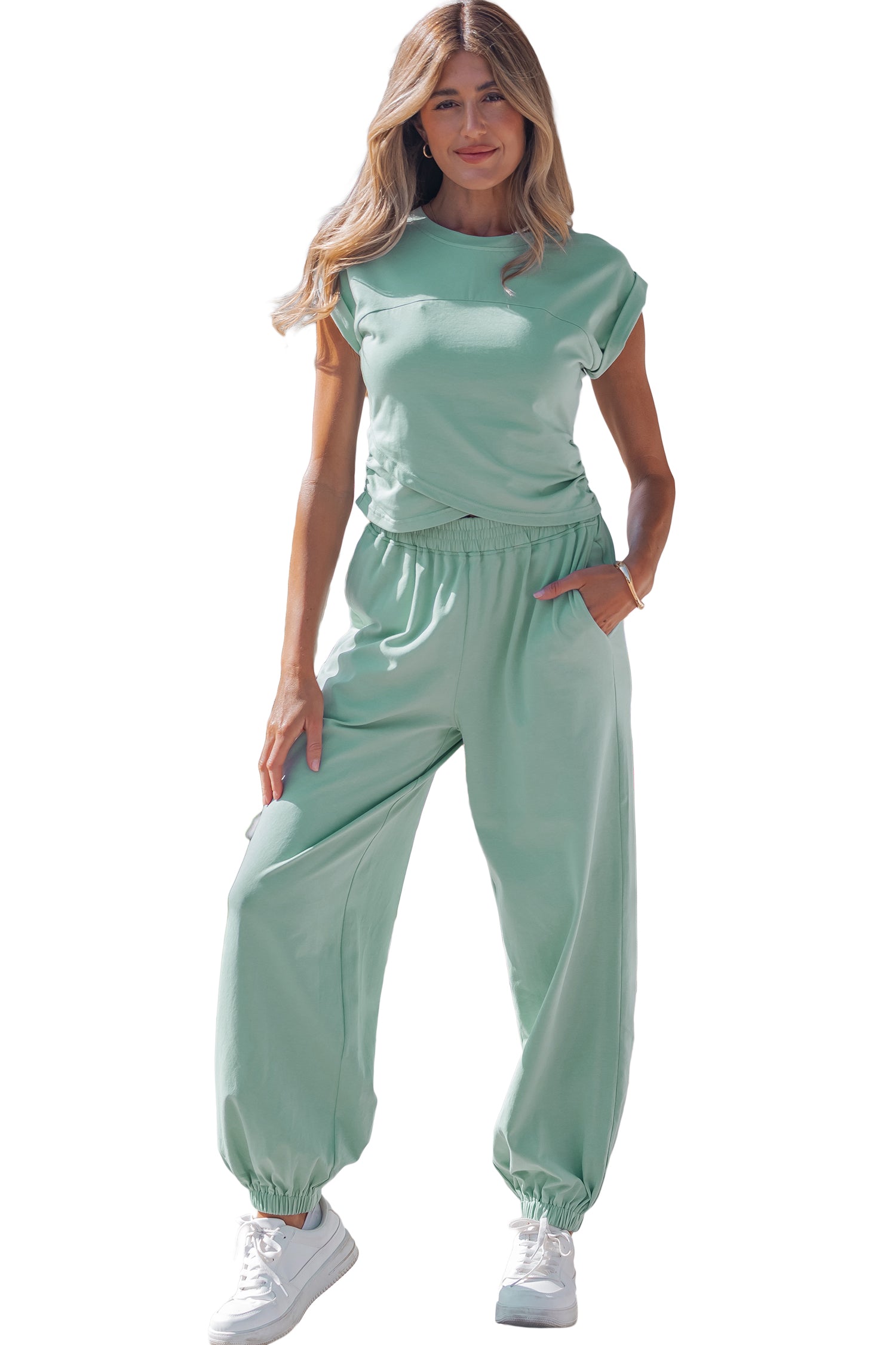 Racing Red Solid Color Cropped Tank Top and Jogger Pants Set