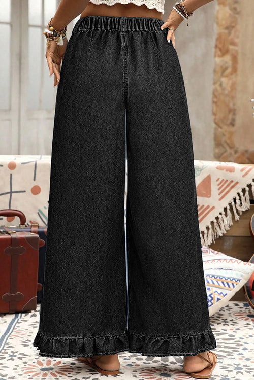 Schwarze Jeans mit weitem Bein, Rüschen und elastischem Bund in großen Größen