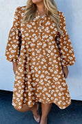 Khaki Plus Size Daisy Floral Print Button Split Neck Puff Sleeve Dress
