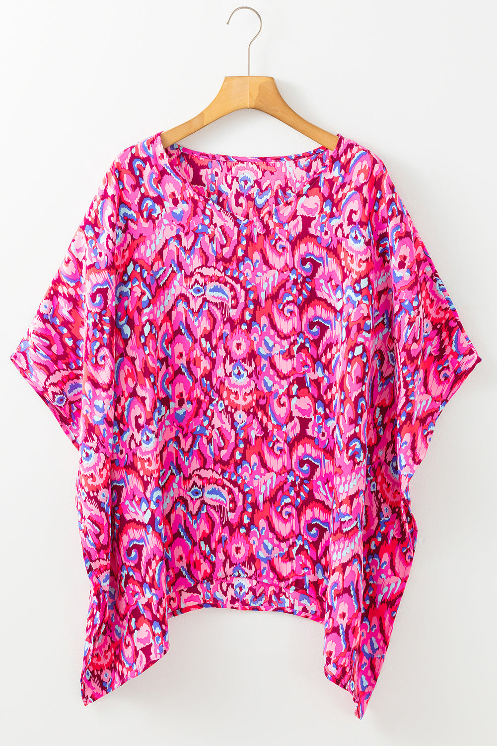 Green Abstract Print V Neck Half Sleeve Loose Fit Tunic Blouse