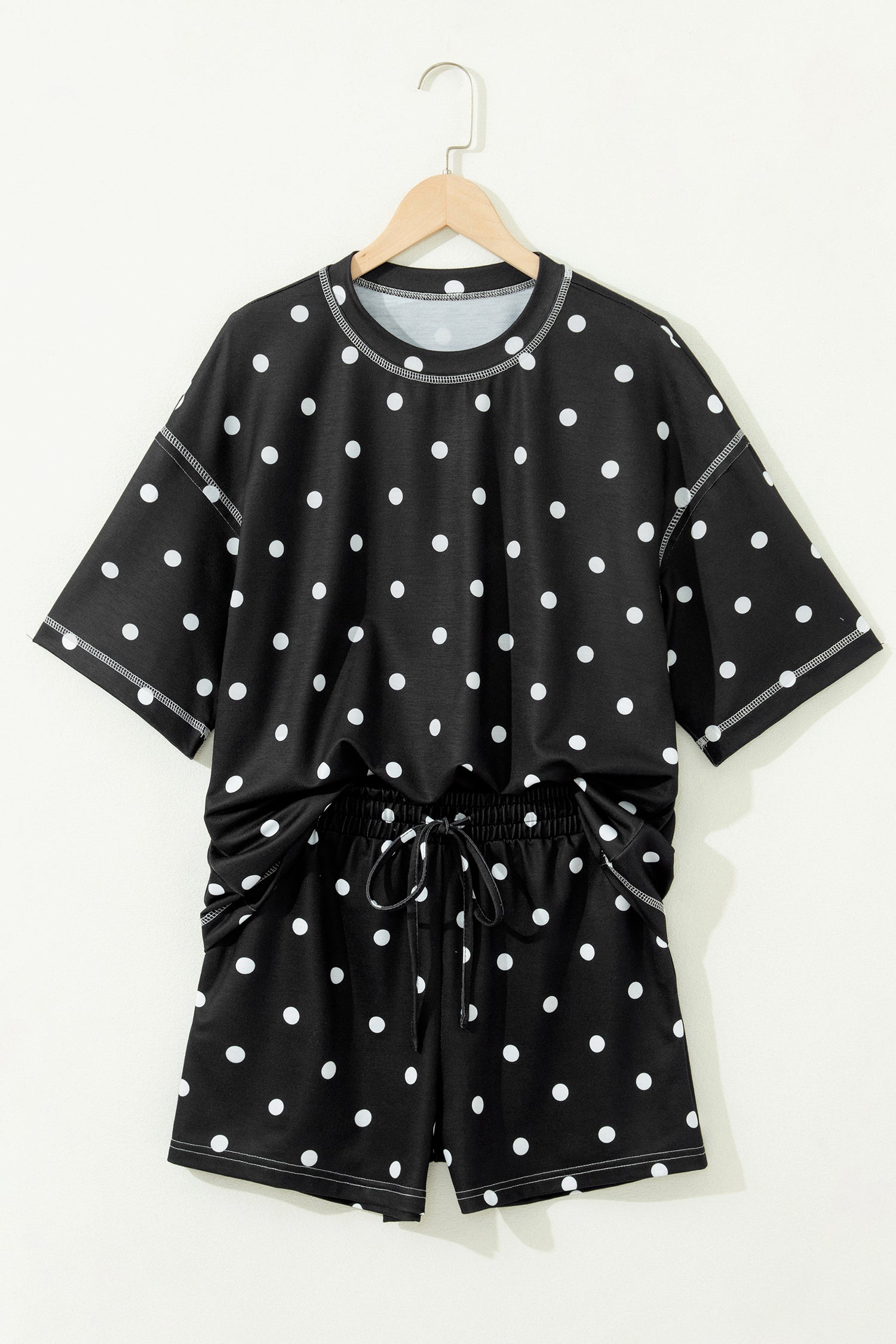 White Exposed Seam Detail Polka Dot Loose Tee Drawstring Shorts Set