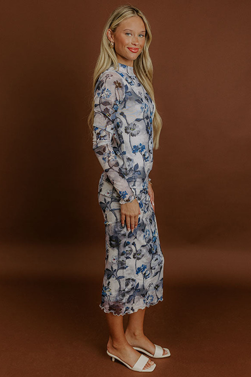 Sky Blue Floral Print Long Sleeve Sheath Dress Elegant Hem Serging Cuff Decoration Daily Wear