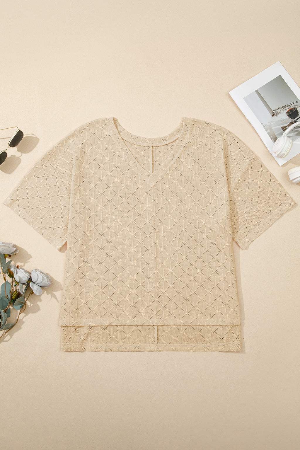 Light Pink Pointelle Rhombus Knit Plus Size V Neck Loose Top