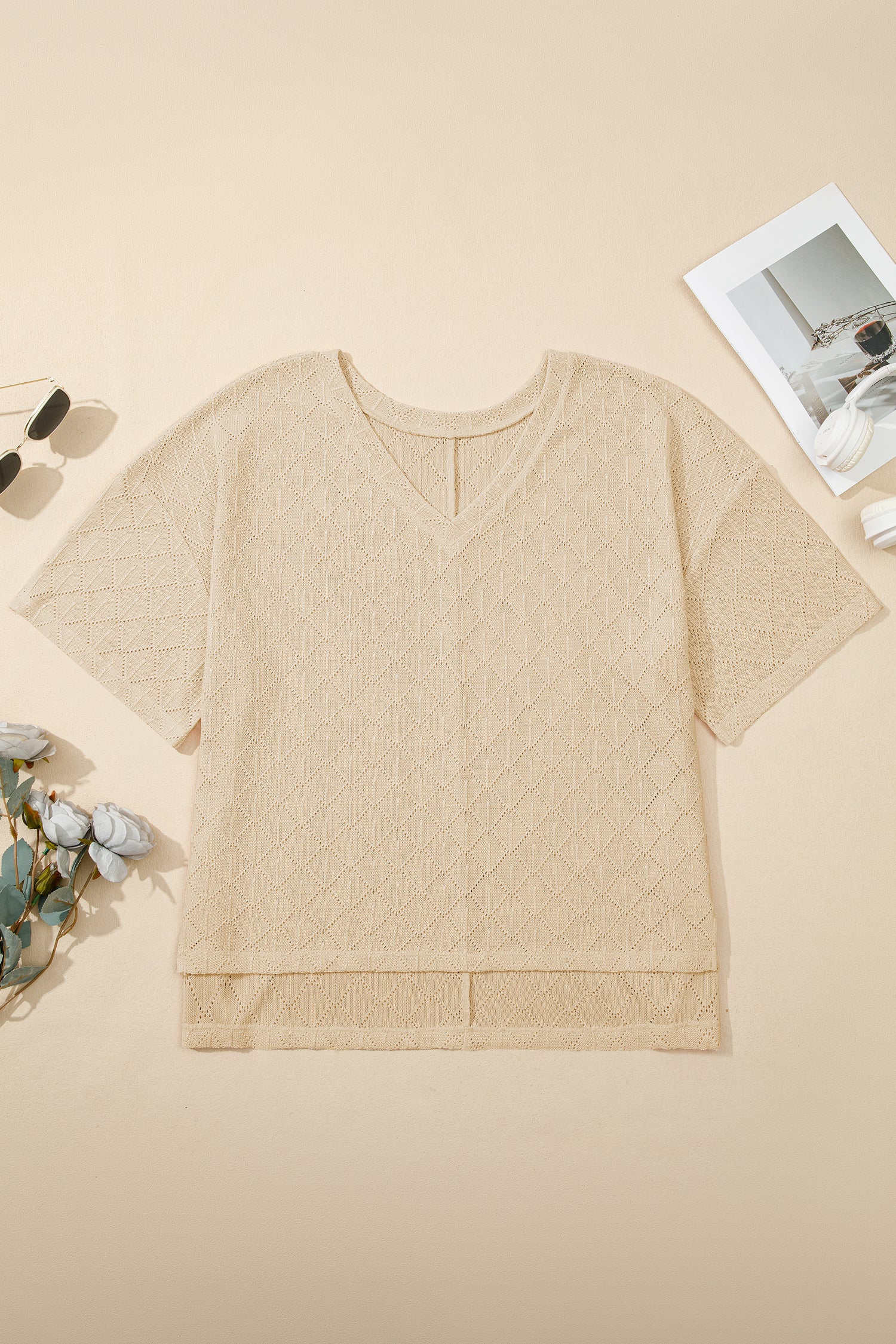 Light Pink Pointelle Rhombus Knit Plus Size V Neck Loose Top