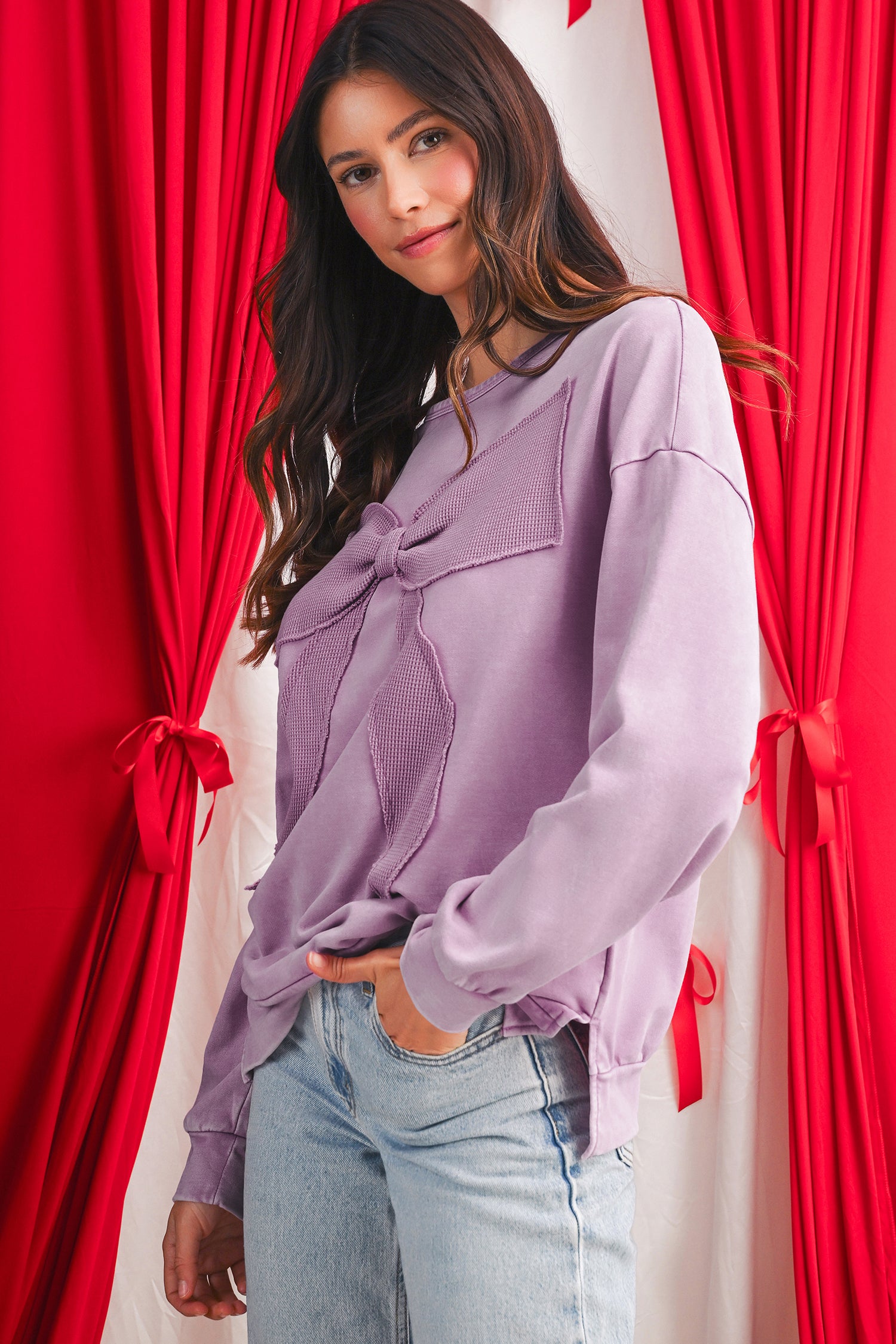 Bright Pink Mineral Wash Waffle Bow Patched Pullover Sweatshirt