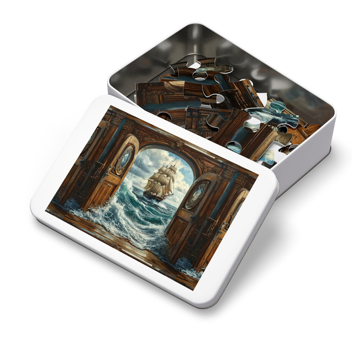 Tall Ship Through the Portal Puzzle — 30 or 252 Pieces with Tin