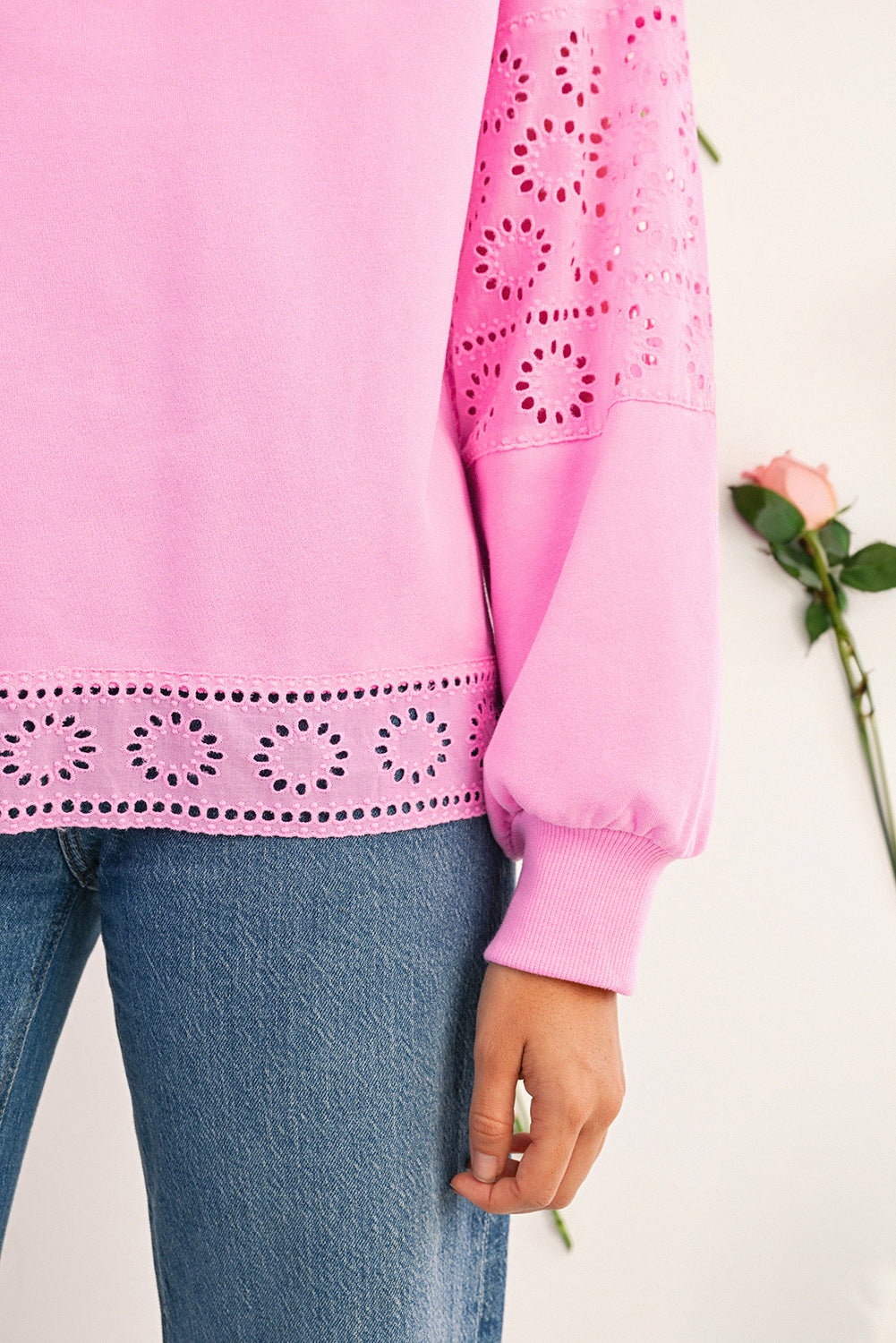 Bonbon besticktes Blumen-Patchwork Pullover-Sweatshirt mit Druckknöpfen