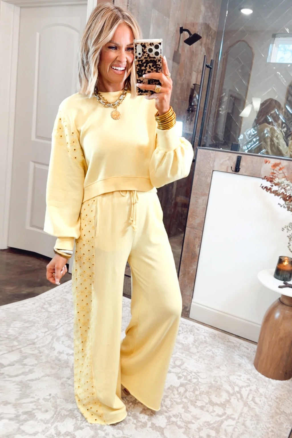 Yellow Cream Long Sleeve Solid Two Piece Set Elastic Waist Pocket Insert Casual Loungewear