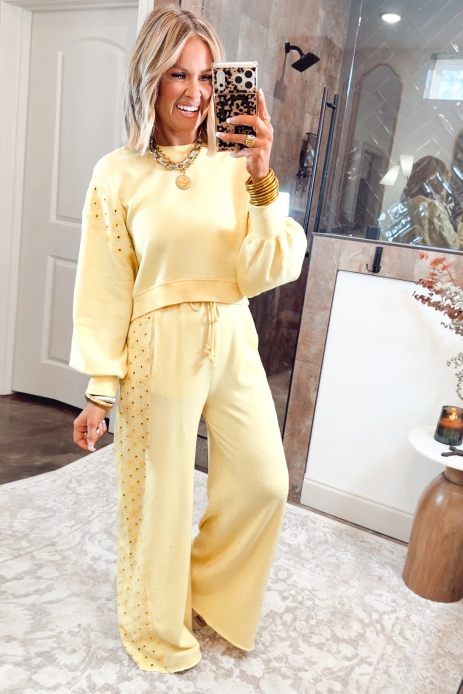 Yellow Cream Long Sleeve Solid Two Piece Set Elastic Waist Pocket Insert Casual Loungewear