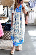 Sky Blue  Plus Size Floral Print Contrast Boho Patchwork V Neck Loose Midi Dress
