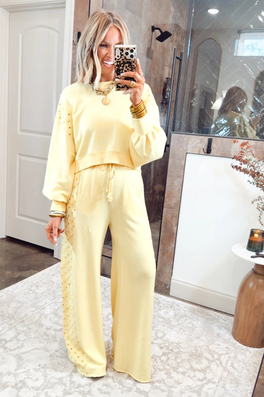 Yellow Cream Long Sleeve Solid Two Piece Set Elastic Waist Pocket Insert Casual Loungewear