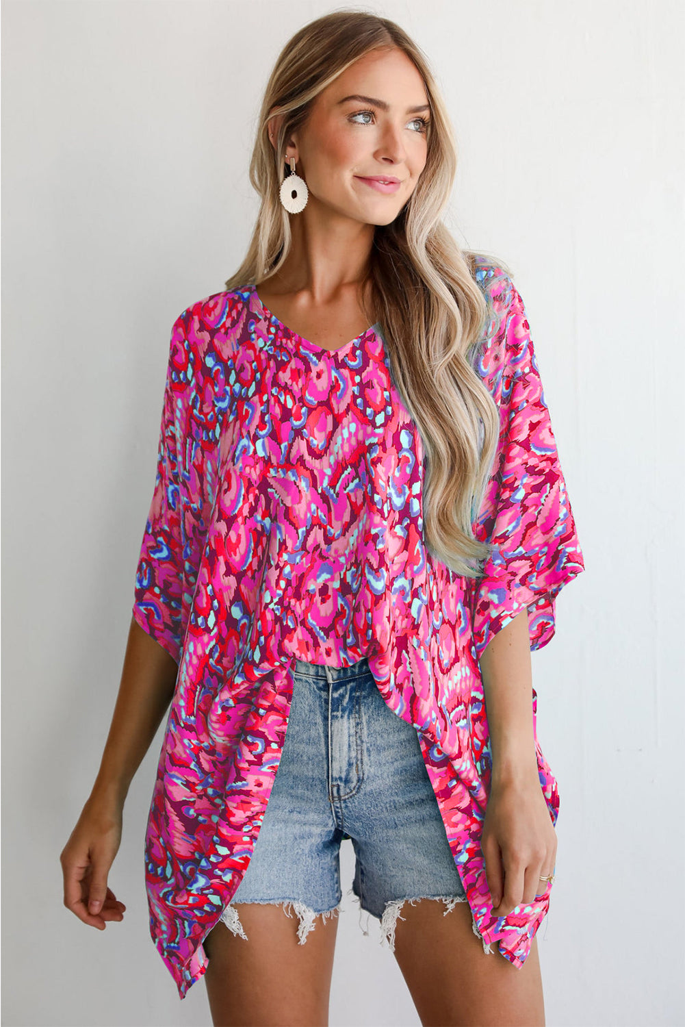 Green Abstract Print V Neck Half Sleeve Loose Fit Tunic Blouse