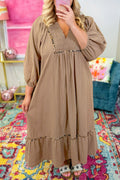 Chestnut Smocked V Neckline Leopard Piping Accent Plus Size Dress