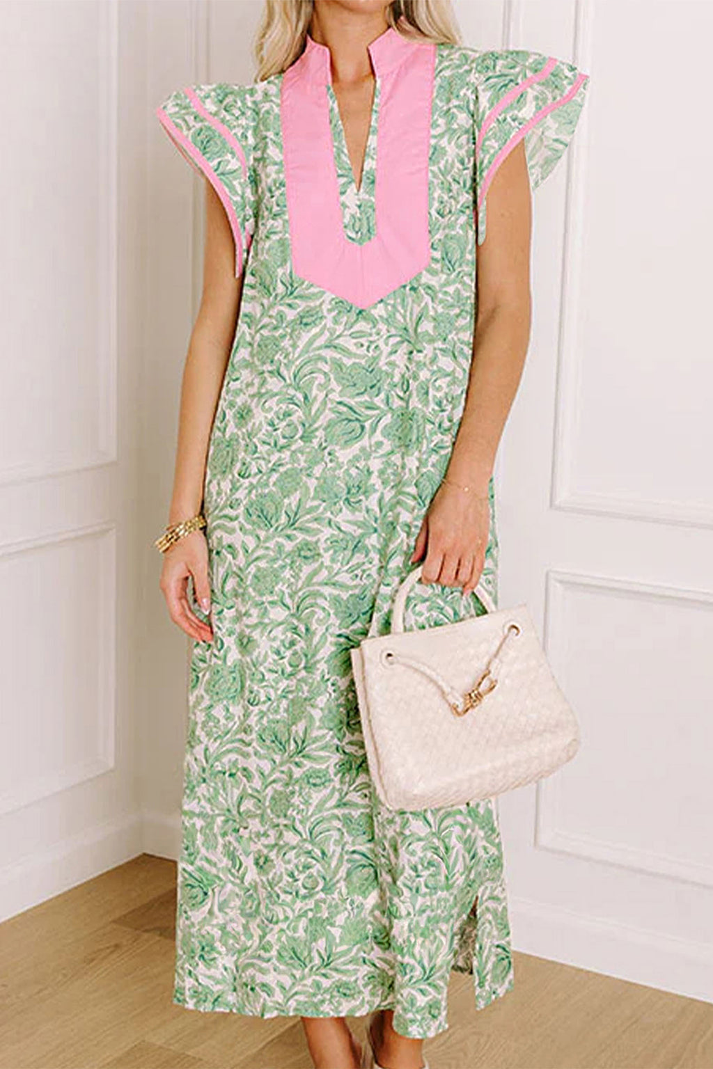 Pink Floral Print Color Block Patchwork V Neck Short Sleeve Midi Dress
