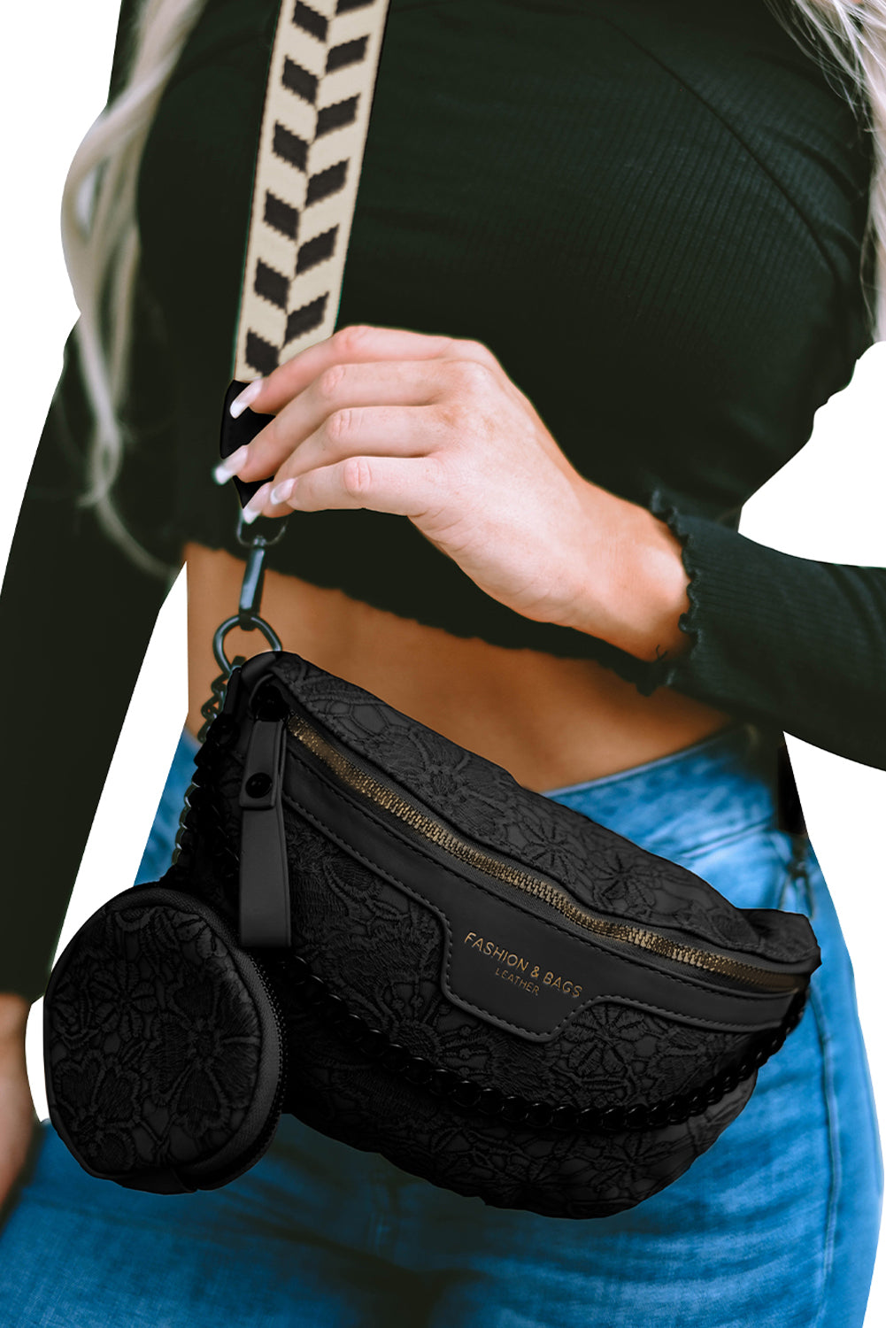 Black Colorblock Strap PU Crossbody Bag With Coin Purse