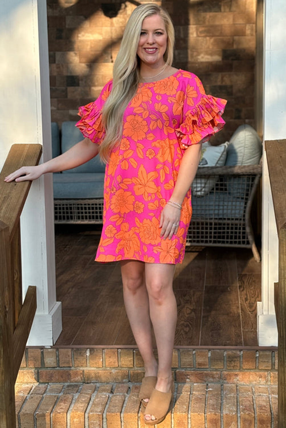 Pink Floral Print Loose Layered Ruffle Sleeve Short Dress