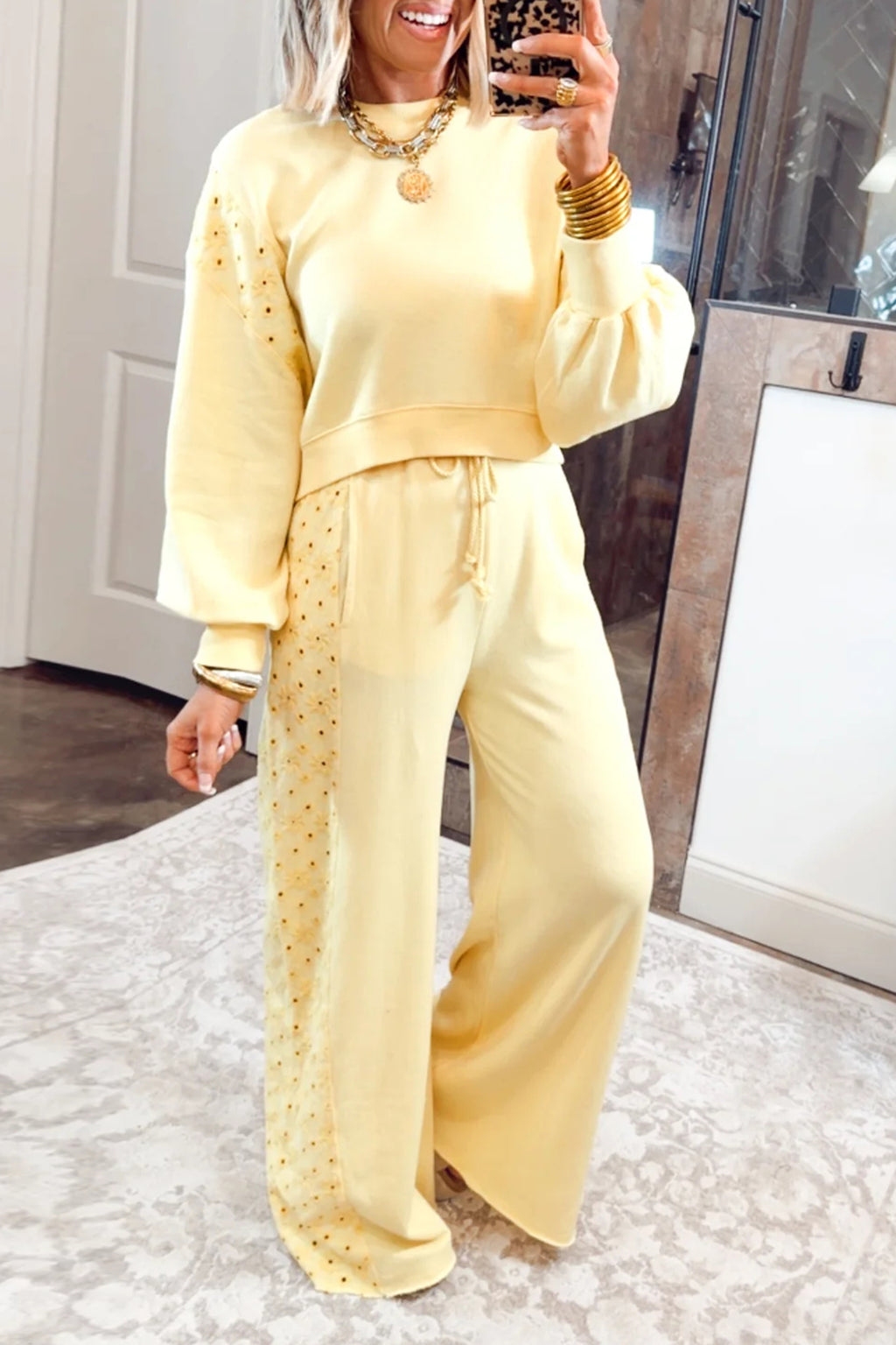 Yellow Cream Long Sleeve Solid Two Piece Set Elastic Waist Pocket Insert Casual Loungewear