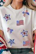 Weißes Pailletten-Patriotismus-Elemente-Patchwork-T-Shirt mit Rundhalsausschnitt