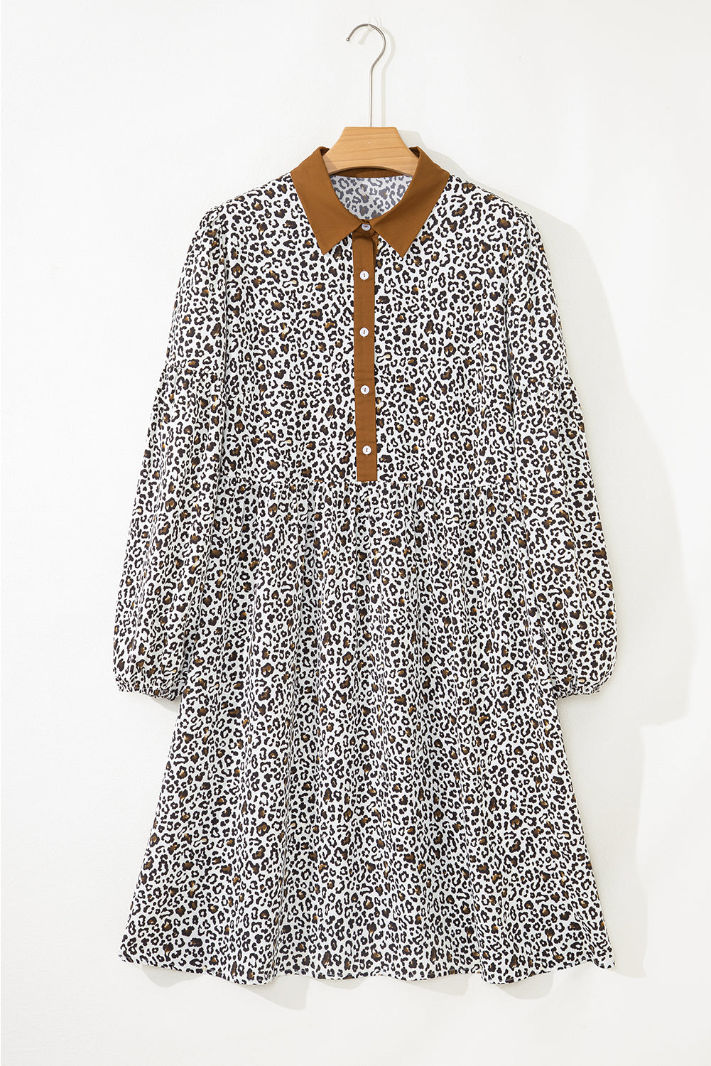 Pink Plus Size Button V Neck Leopard Print Puff Sleeve Loose Mini Dress