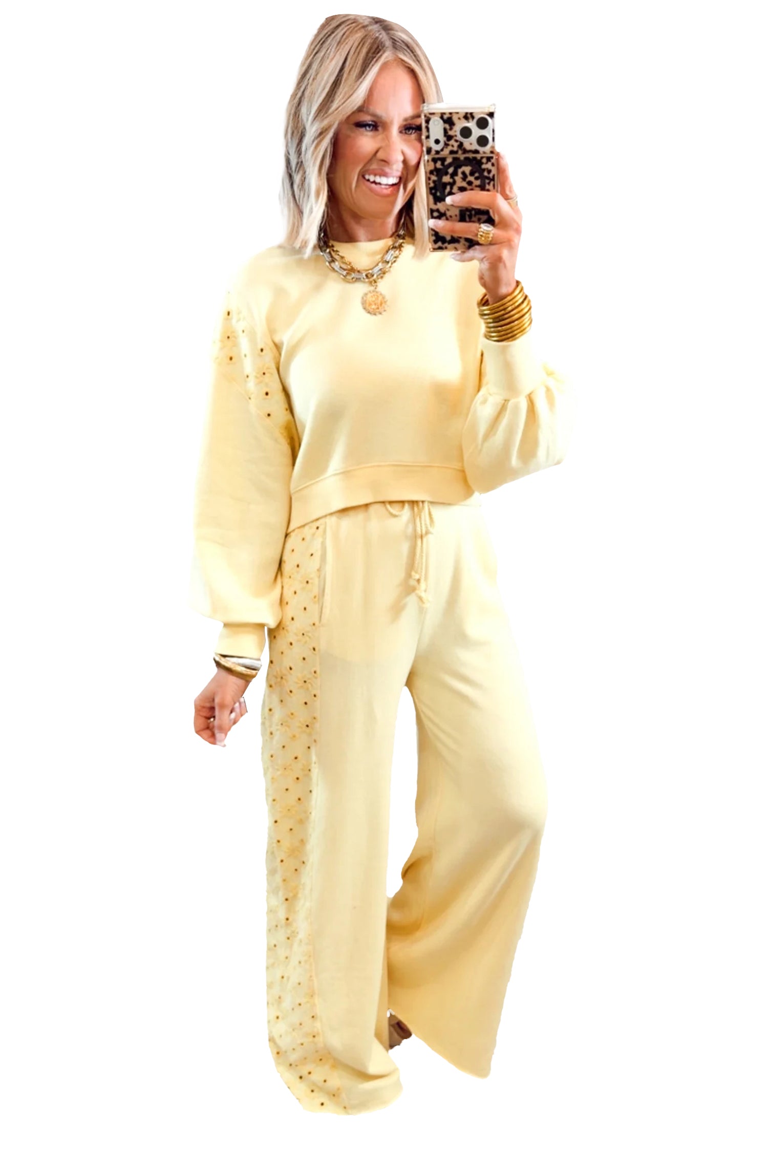 Yellow Cream Long Sleeve Solid Two Piece Set Elastic Waist Pocket Insert Casual Loungewear