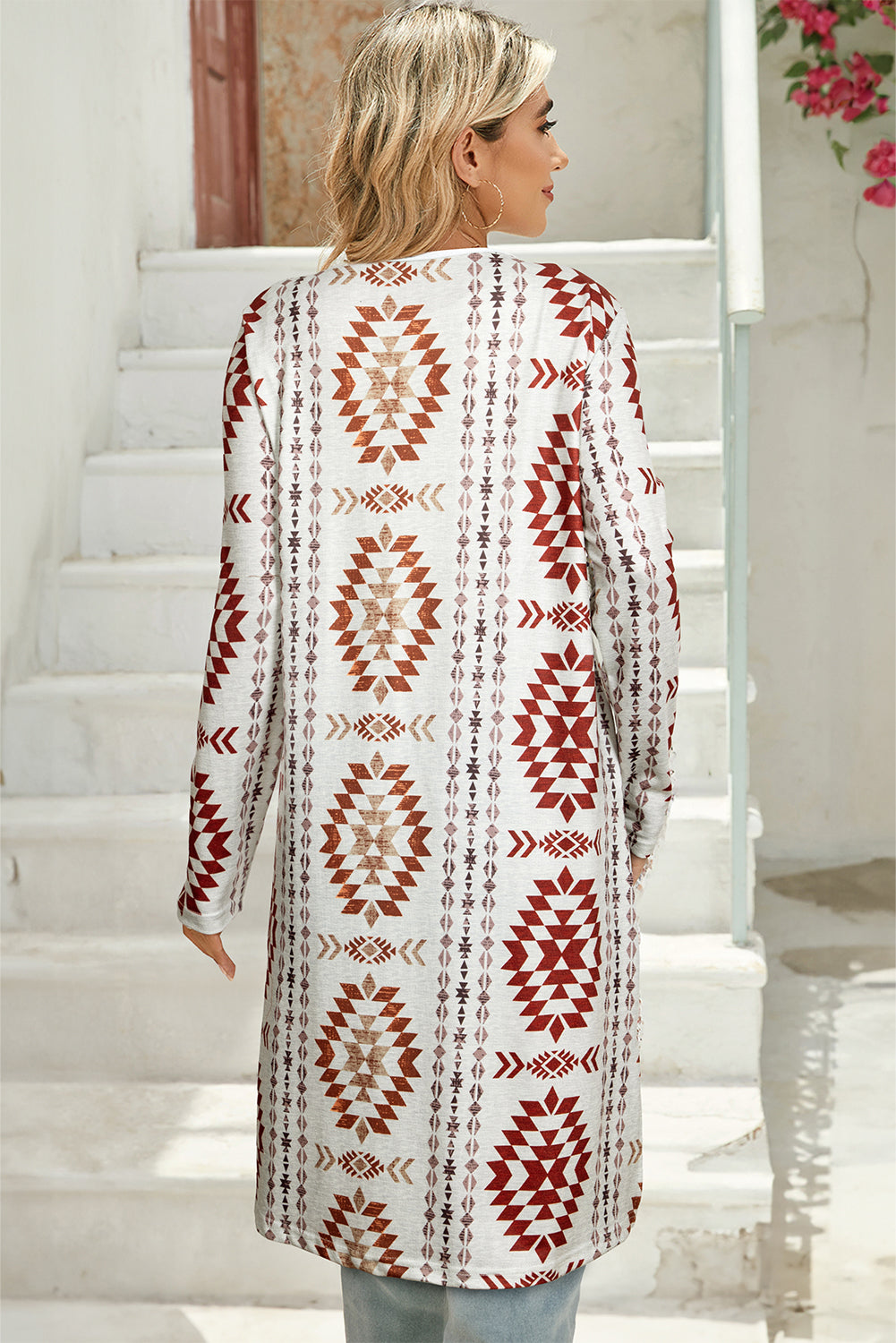 Sky Blue Western Aztec Printed Open Front Long Cardigan
