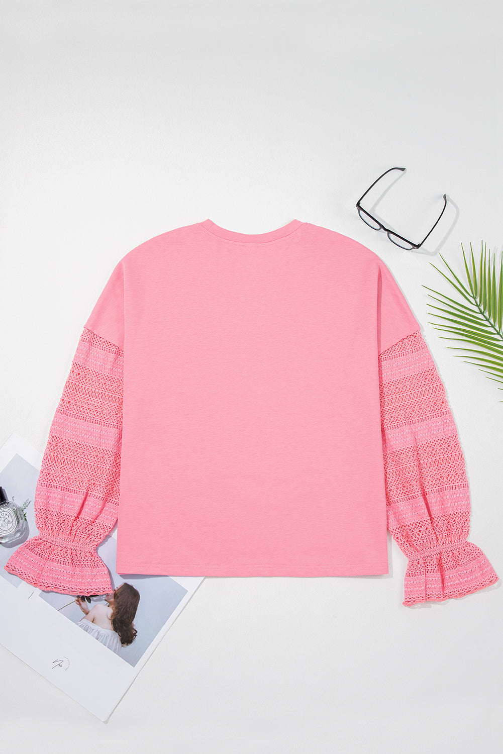 Rosa Spitzen-Patchwork-Ärmel lockeres Sweatshirt
