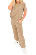 Light French Beige Short Sleeve Ribbed Knit Two Piece Set With Patch Pockets And Hem Stitching Casual Loungewear
