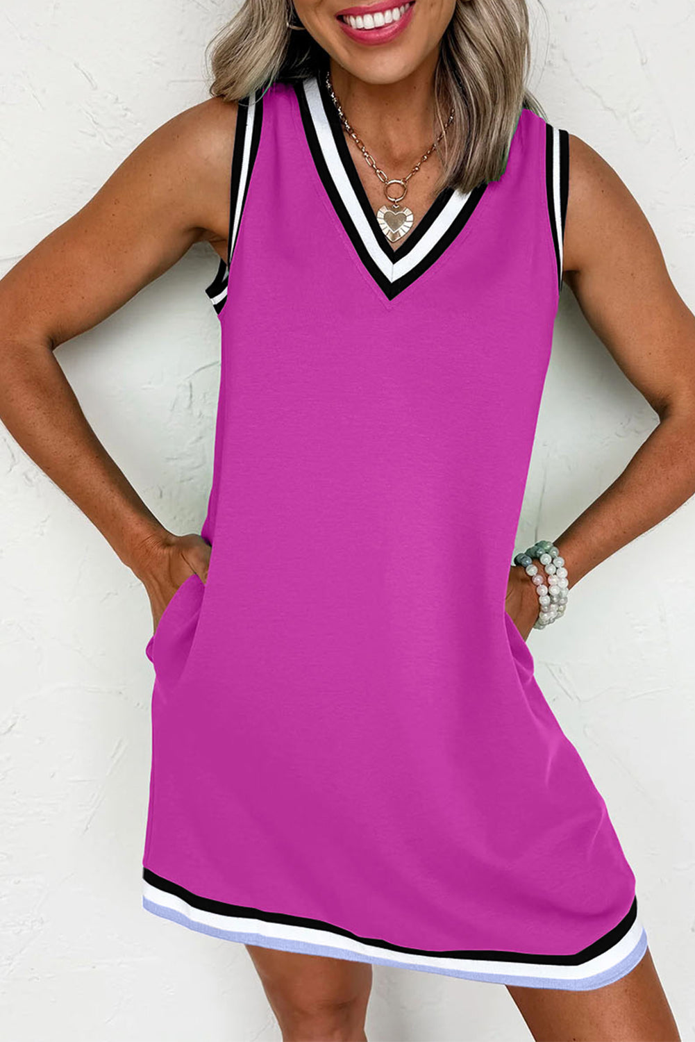 Mint Green Contrast Trim V Neck Sleeveless Mini Dress