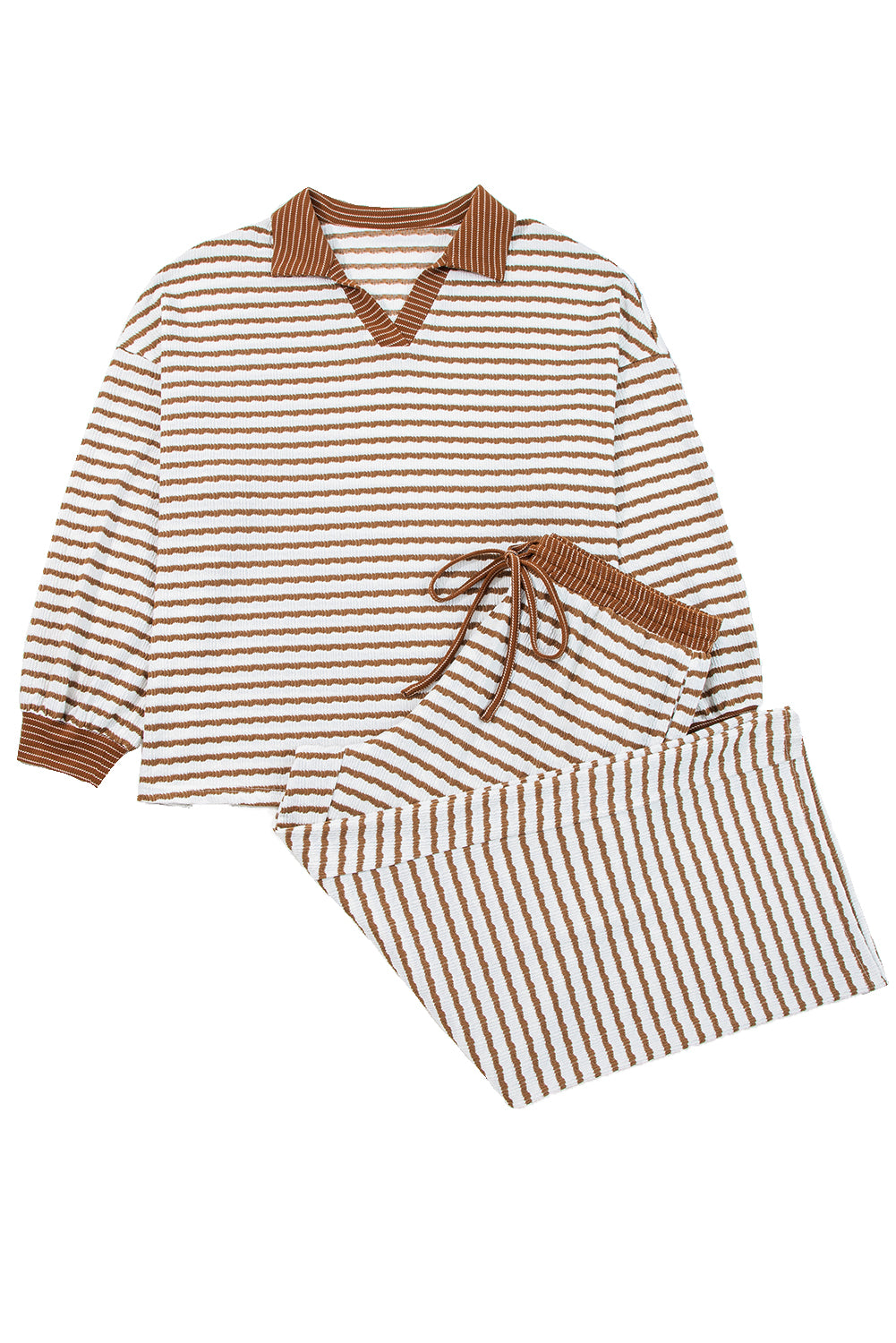 Khaki Stripe Plus Size Loose Pullover Drawstring Elastic Waist Wide Leg Pants Set