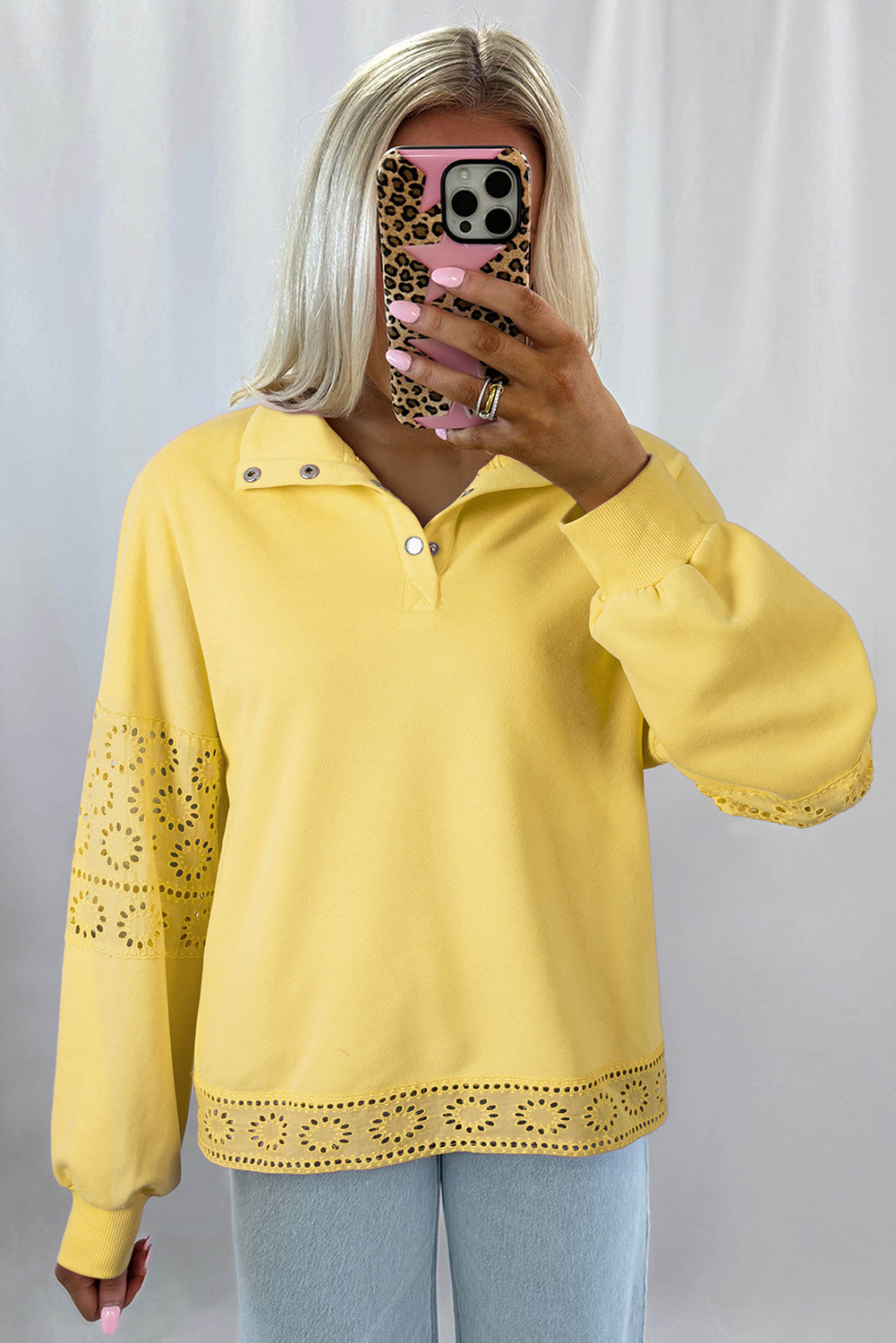 Bonbon besticktes Blumen-Patchwork Pullover-Sweatshirt mit Druckknöpfen