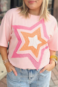 Hellrosa Ösen-Colorblock-Sternenapplikation Übergröße T-Shirt