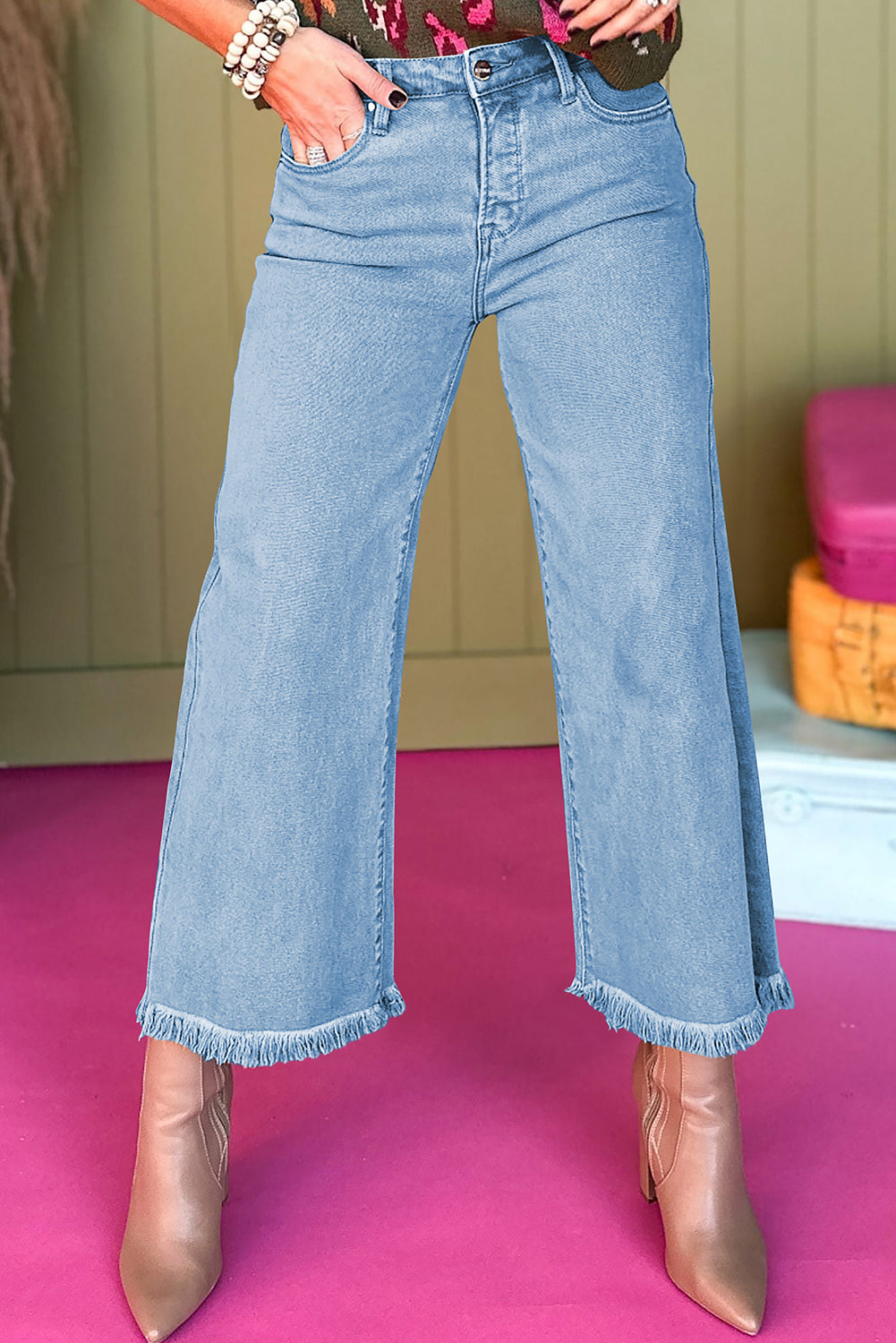 Peach Blossom Acid Washed High Rise Cropped Jeans