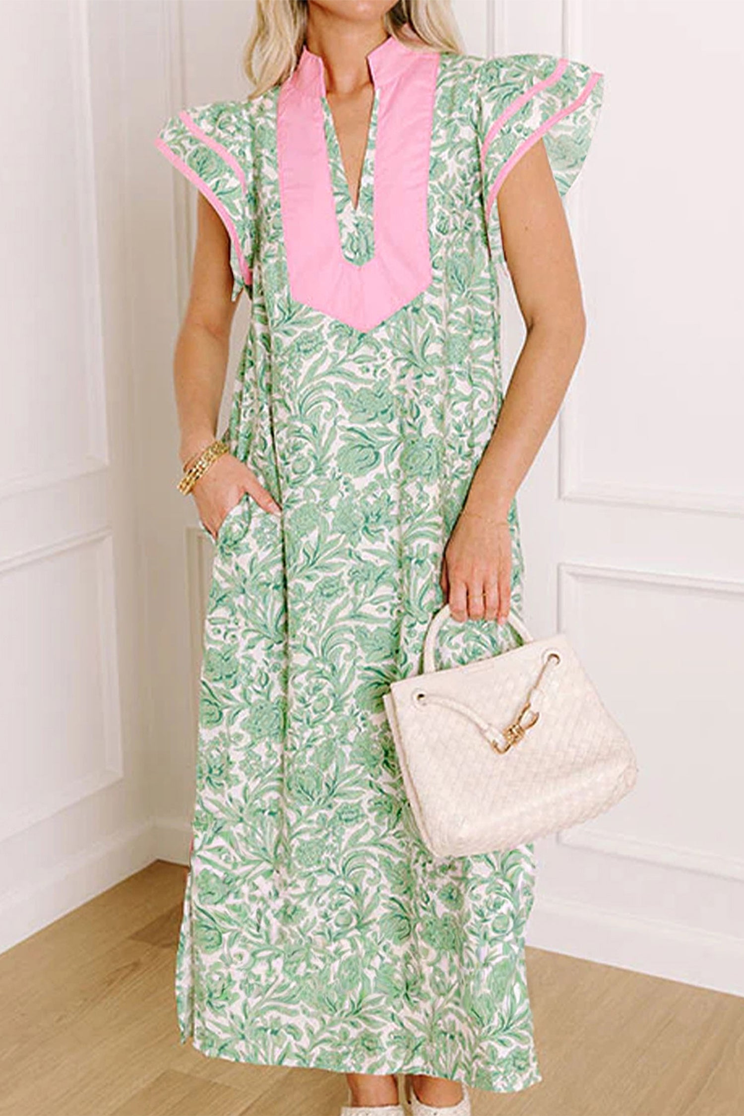 Pink Floral Print Color Block Patchwork V Neck Short Sleeve Midi Dress