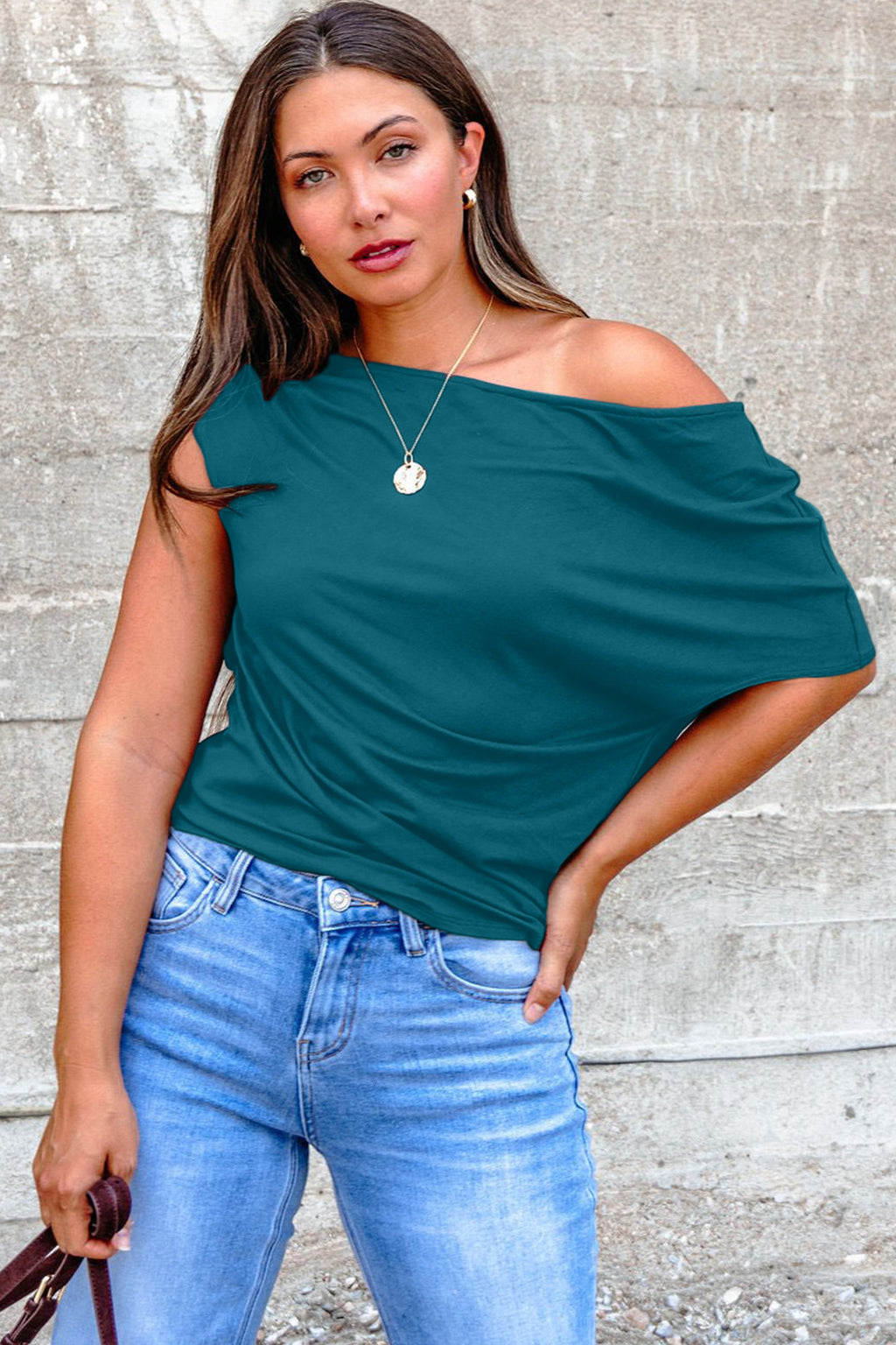 Burgundy Plus Size Solid Color Asymmetric Neck Short Sleeve Blouse